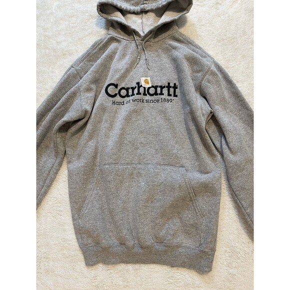 Vtg Carhartt Hoodie Hard At Work Since 1889 Logo Sweatshirt Gray Mens S Small - Picture 2 of 13